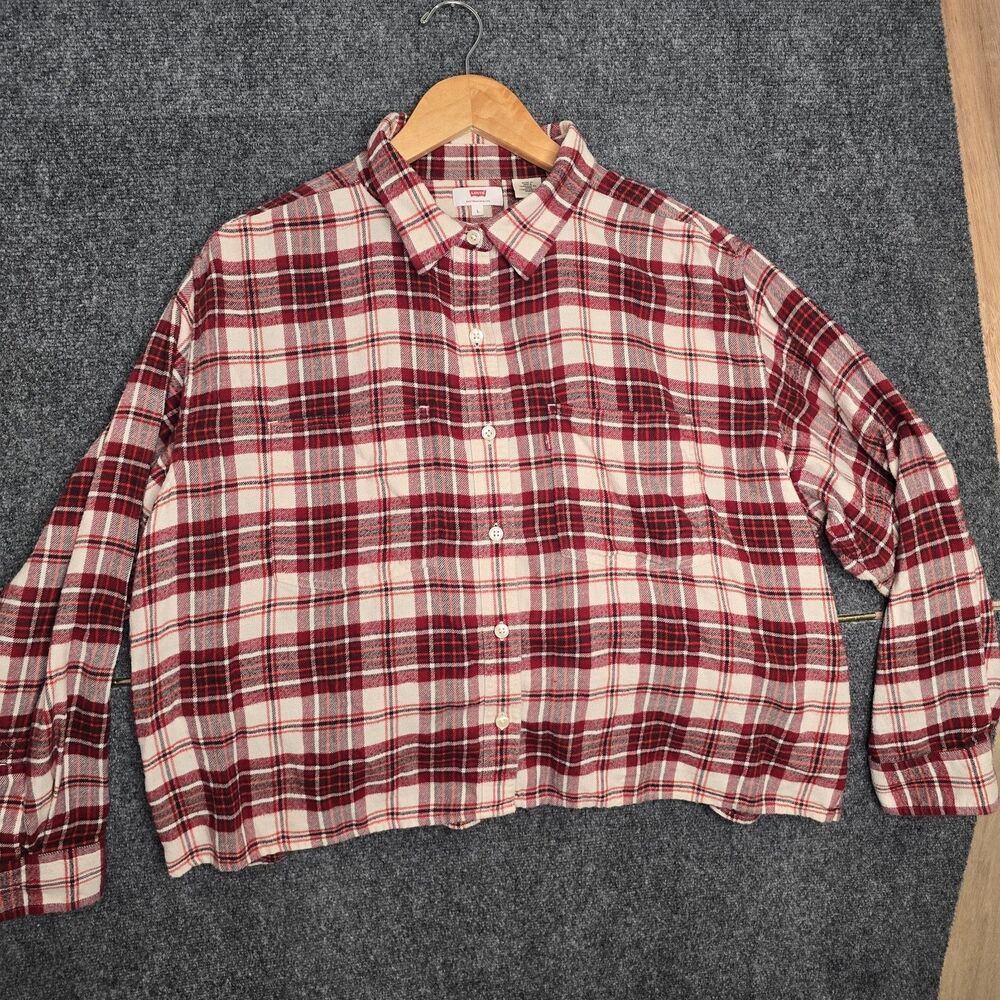 Levi's Women's Large Red And White Plaid Cropped Flannel Button Up Shirt
